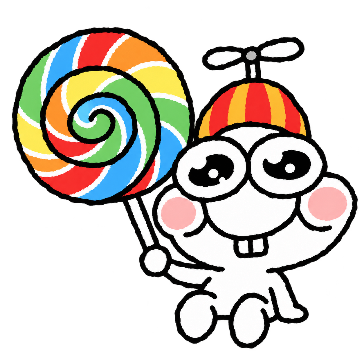 A smiling cartoon character sitting on UTF.DEV, holding a colorful spiral lollipop and wearing a propeller hat