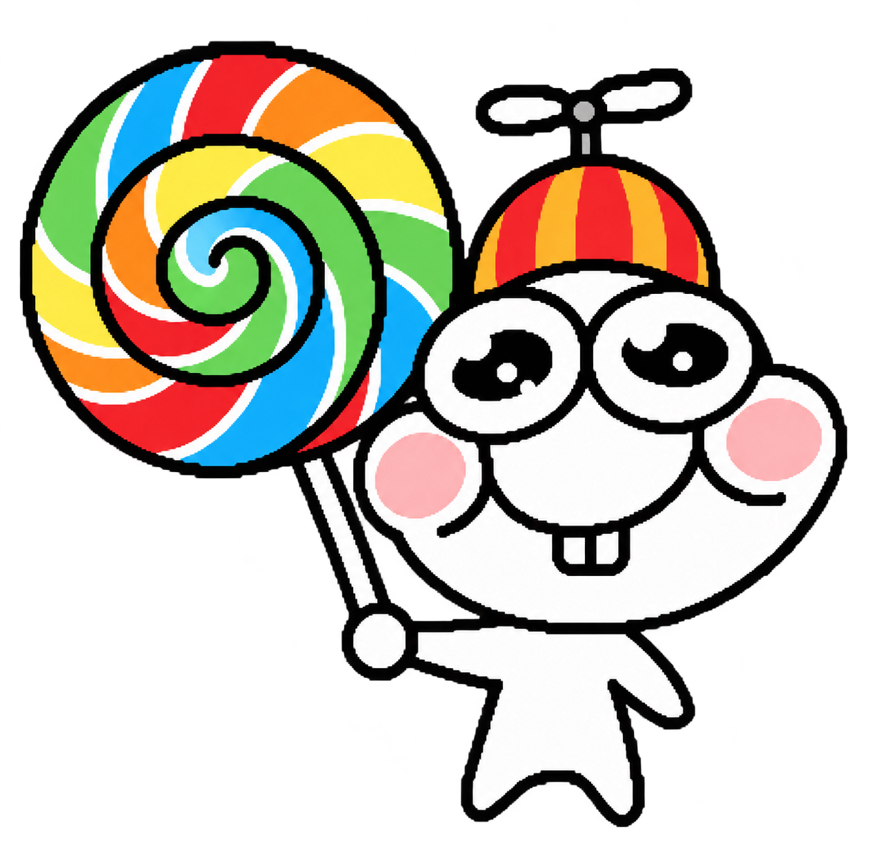 A smiling cartoon character with a colorful spiral lollipop and propeller hat
